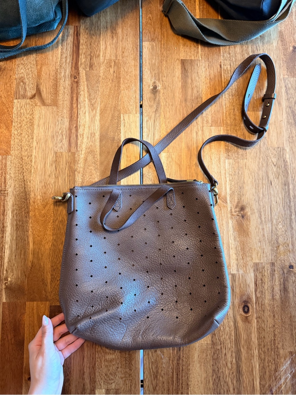 Madewell Brown Perforated Pebbled Leather Crossbody Tote